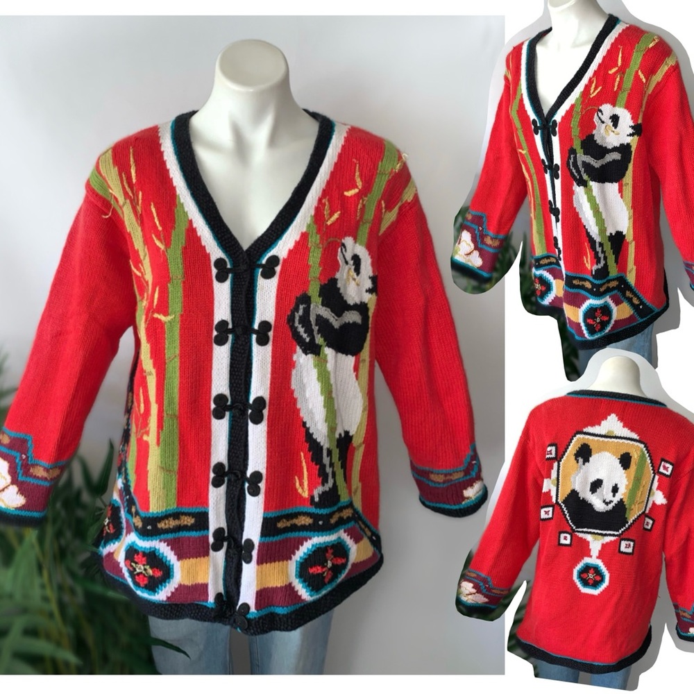 Vintage 90s Panda Bamboo Embroidered Knit Cardigan Novelty Sweater